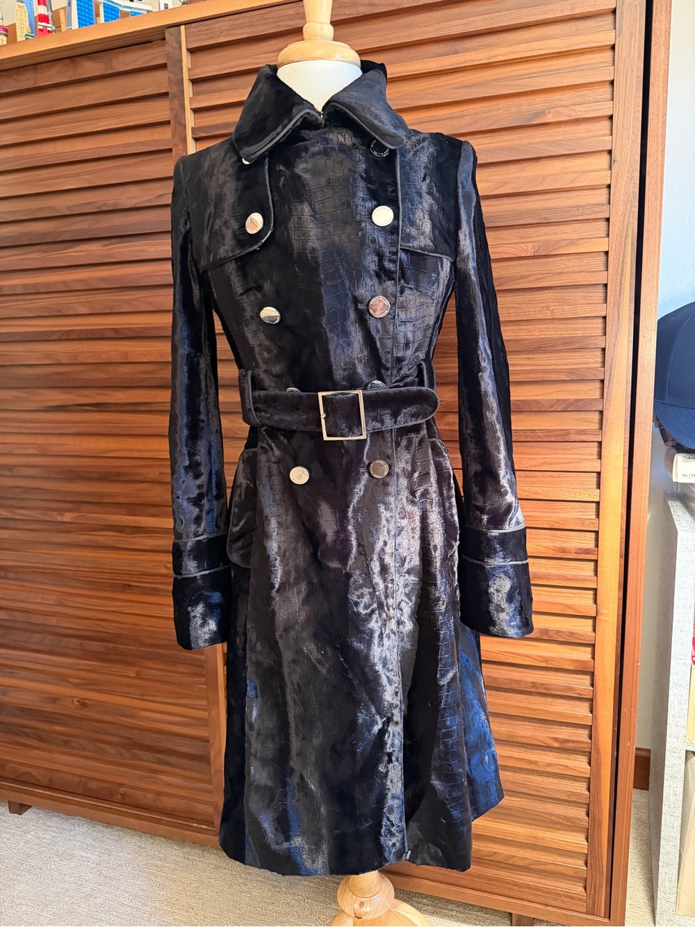 Karen Millen Black Croc Embossed Faux Fur Belted Trench Coat